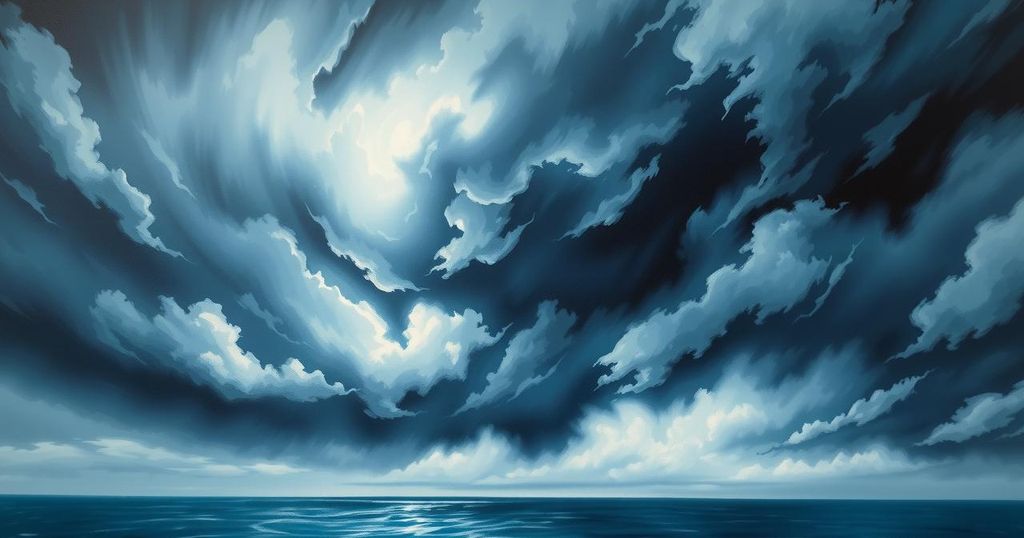 Stormy sky over Macao with clouds and wind indicators for approaching tropical storm.