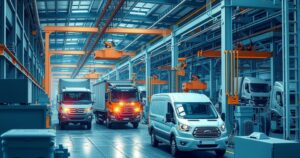 Manufacturing vehicles with cranes and machinery in a busy industrial site, showcasing collaboration in automotive production.