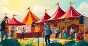 Festival scene featuring vibrant tents and instruments under a sunny sky, celebrating diverse music and culture.