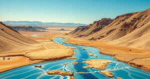 A dried riverbed representing water scarcity in a drought-stricken area with brown tones.