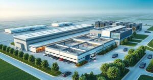 A modern electric vehicle assembly plant with sleek structures and vibrant surroundings.