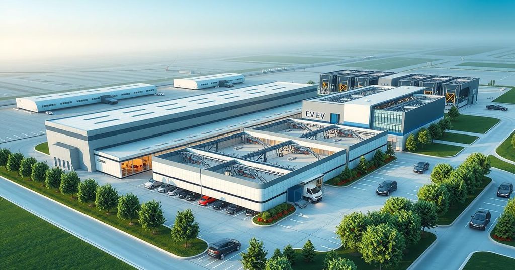A modern electric vehicle assembly plant with sleek structures and vibrant surroundings.