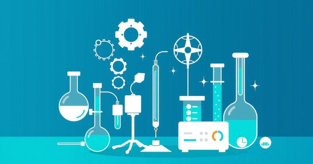 Laboratory equipment symbols in a modern style with blue and green color scheme representing scientific innovation.