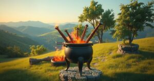 A cauldron burning weapons symbolizing peace efforts in the Kurdish conflict, set against a serene landscape.