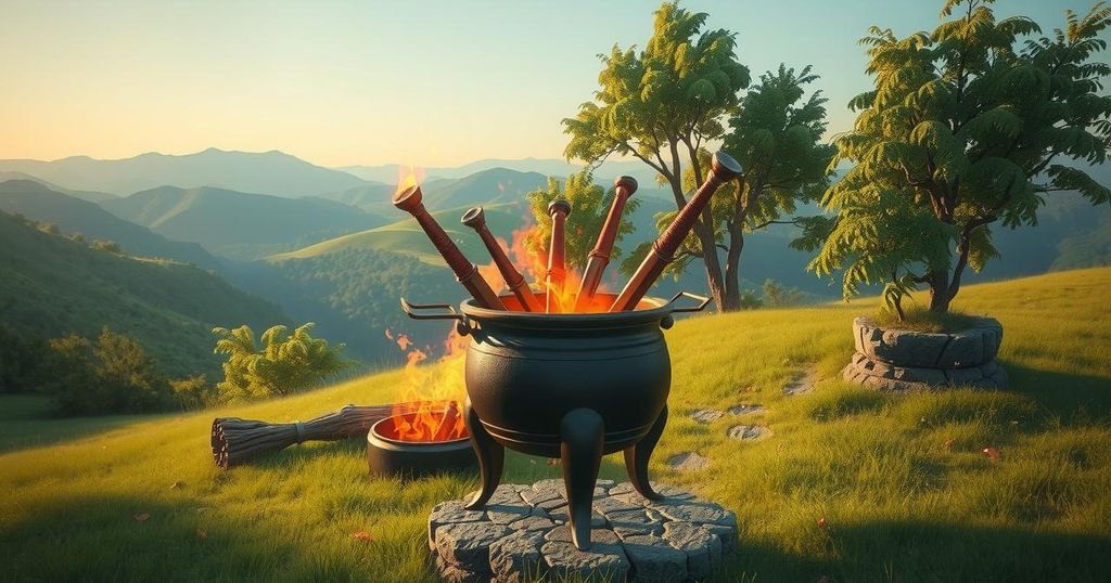 A cauldron burning weapons symbolizing peace efforts in the Kurdish conflict, set against a serene landscape.