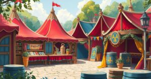 A vibrant scene of a medieval festival with colorful tents, banners, and decorative props in a sunny outdoor setting.