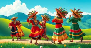 Colorful traditional dancers perform at Guelaguetza festival with a scenic hillside backdrop, celebrating cultures.