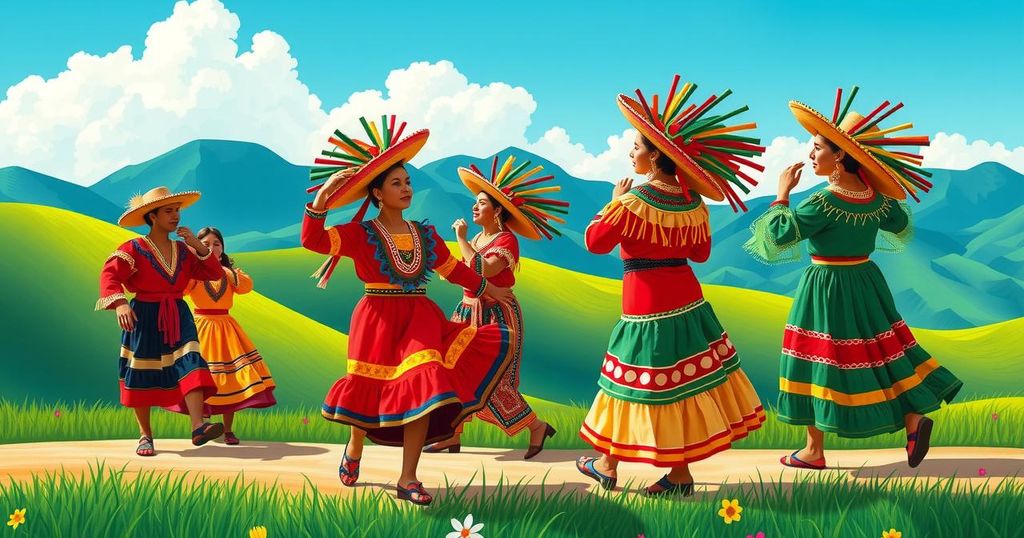 Colorful traditional dancers perform at Guelaguetza festival with a scenic hillside backdrop, celebrating cultures.