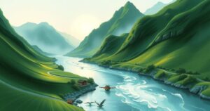 A serene landscape depicting mountains and a river symbolizing migration and journey home.