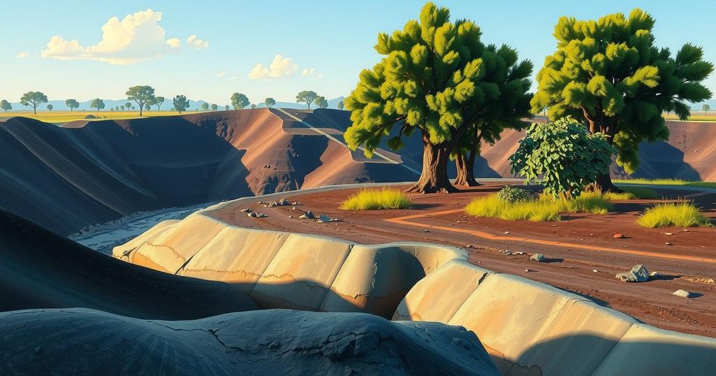 Quiet Central African gold mine with dark soil, surrounded by dense green vegetation under a blue sky.