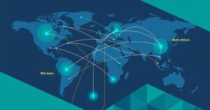 A strategic chart showcasing global medtech trade dynamics with vibrant colors and geometric designs.