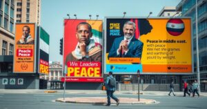 Billboards featuring Arab leaders and the US president, symbolizing peace talks in the Middle East.