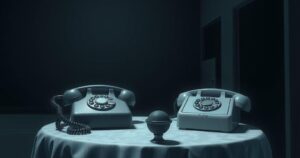 A somber diplomatic scene with two empty telephones in a dimly lit room symbolizing stalled negotiations.