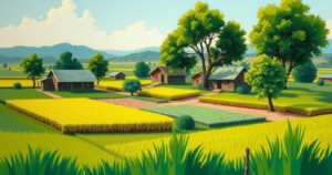 A serene landscape of Paraguay showcasing traditional daily life, featuring lush greenery and quaint dwellings.