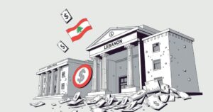 Lebanon's banking crisis illustration with broken banks and financial symbols in a monochrome color scheme.