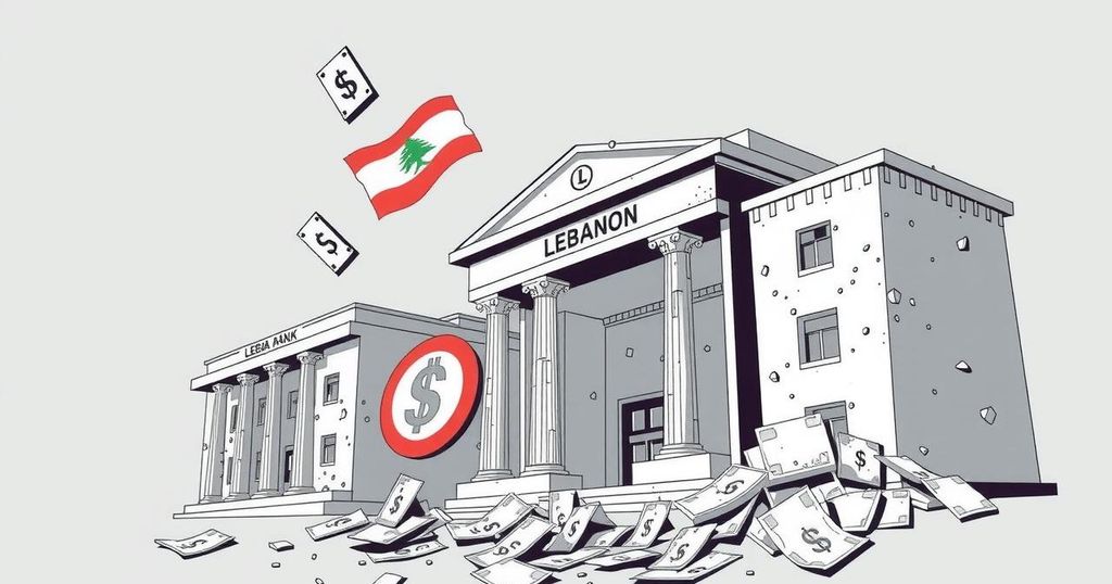 Lebanon's banking crisis illustration with broken banks and financial symbols in a monochrome color scheme.