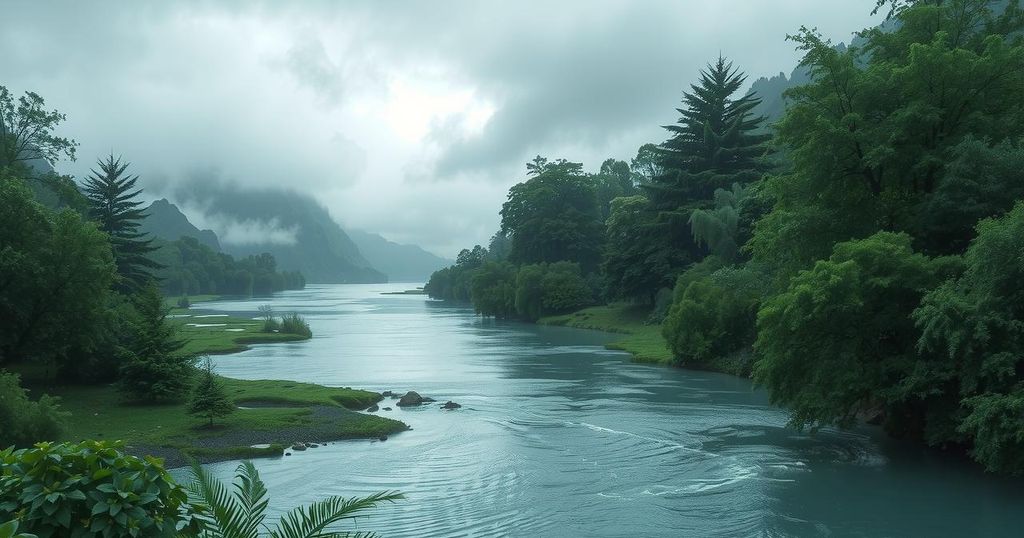 A serene landscape showcasing a tranquil river surrounded by lush green trees under a cloudy sky during a rain forecast.