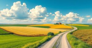 A landscape view with open fields and a rural road, representing community focus and public service.