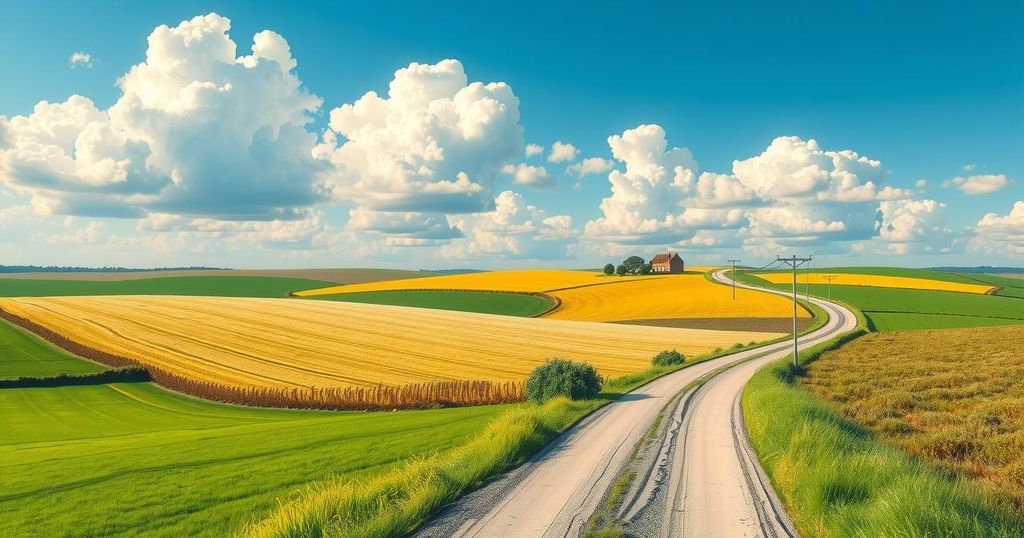 A landscape view with open fields and a rural road, representing community focus and public service.