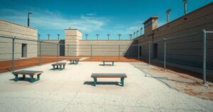 A prison yard with empty benches and a barbed wire perimeter under a clear blue sky.