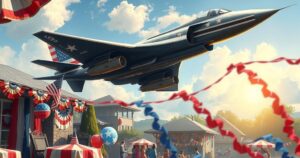 B-2 Spirit bomber flying over a festive crowd on July 4, showcasing military precision and celebration atmosphere.