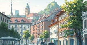 A serene urban landscape depicting a mix of traditional and modern architecture with subtle colors.