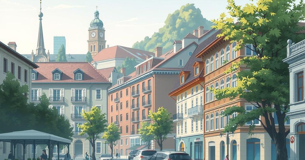 A serene urban landscape depicting a mix of traditional and modern architecture with subtle colors.