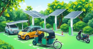Electric vehicles under solar charging stations with sustainable infrastructure promoting clean energy in Nigeria.