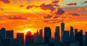 Australia's political climate, thermal imagery of bustling city skyline under a sunset sky in vibrant orange and yellow hues.