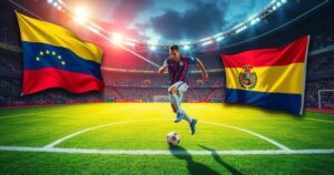 A vibrant soccer field with a colorful backdrop representing Venezuela vs Colombia Copa America match.