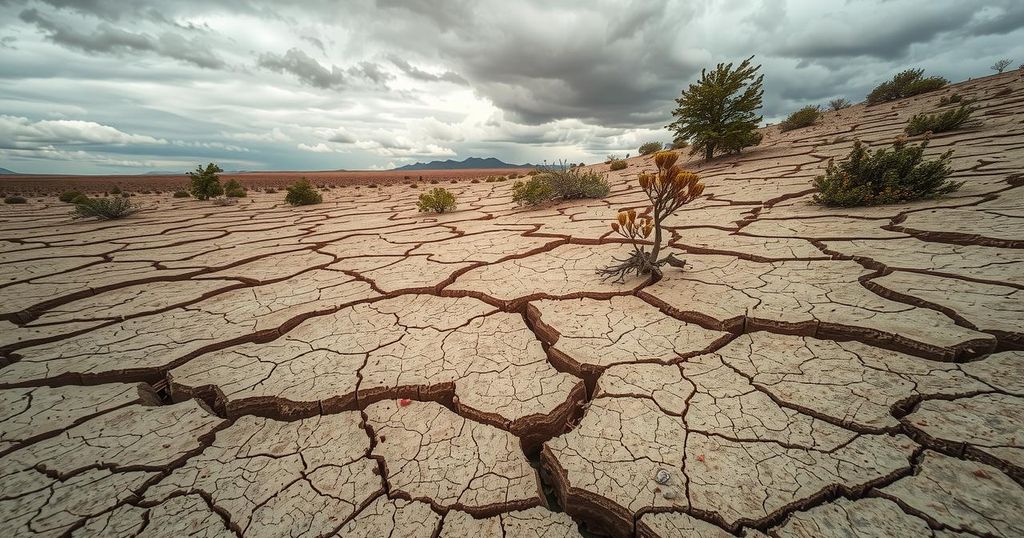 Dry landscape with cracked earth, sparse vegetation, and cloudy skies representing weather patterns in Africa.