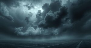 A somber landscape illustrating mourning and loss, with dark clouds and muted colors to evoke deep emotions.