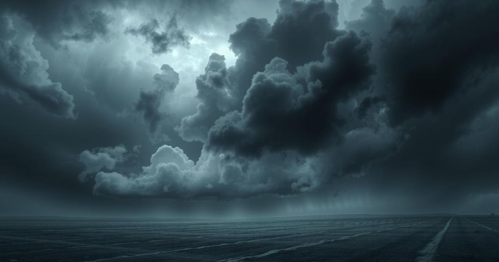 A somber landscape illustrating mourning and loss, with dark clouds and muted colors to evoke deep emotions.