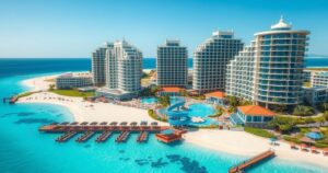 A luxurious beach resort scene in North Korea highlighting opulent architecture and coastal views.