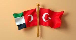 UAE and Turkey flags crossed, symbolizing cooperation and agreements between nations.