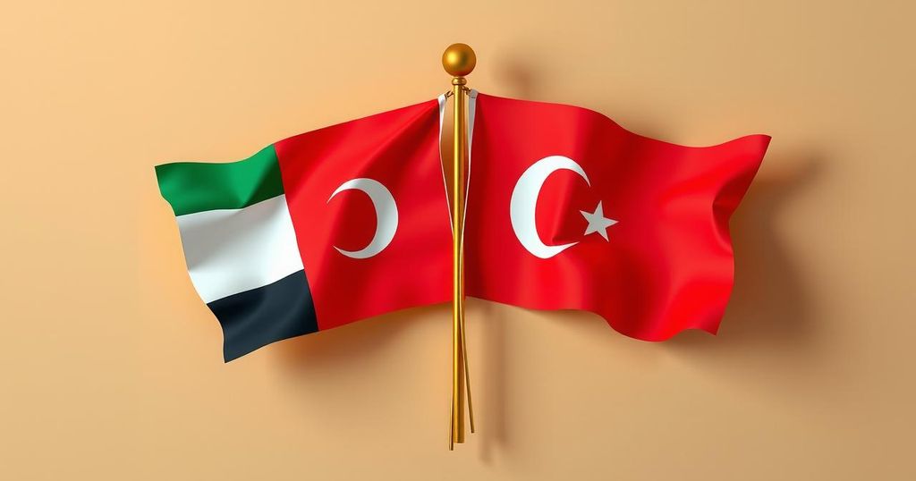 UAE and Turkey flags crossed, symbolizing cooperation and agreements between nations.