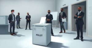 An election ballot box in a quiet polling center with security personnel present, set in a neutral color scheme.