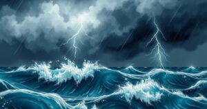 Stormy scene depicting raging seas and heavy rain under dark clouds, illustrating tropical storm Wihpa's effects.