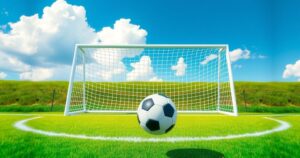 A vibrant soccer field with a ball, goalposts, and a clear sky, reflecting the excitement of a match.