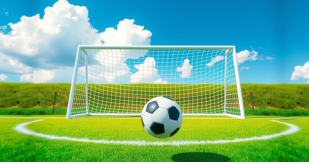 A vibrant soccer field with a ball, goalposts, and a clear sky, reflecting the excitement of a match.