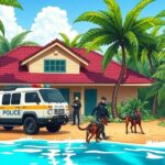 Trinidad police operation scene with rescue vehicles and police dogs in tropical setting, vibrant colors, cartoon style.
