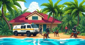 Trinidad police operation scene with rescue vehicles and police dogs in tropical setting, vibrant colors, cartoon style.
