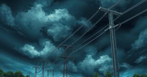 A storm preparation scene showing robust energy infrastructure with power lines and trees against a stormy sky backdrop.