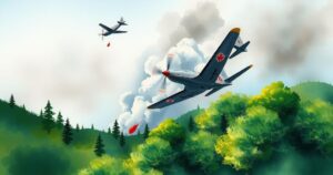 Canadair aircraft battling forest fire in lush green landscape with smoke rising amidst clear blue sky, in watercolor style.