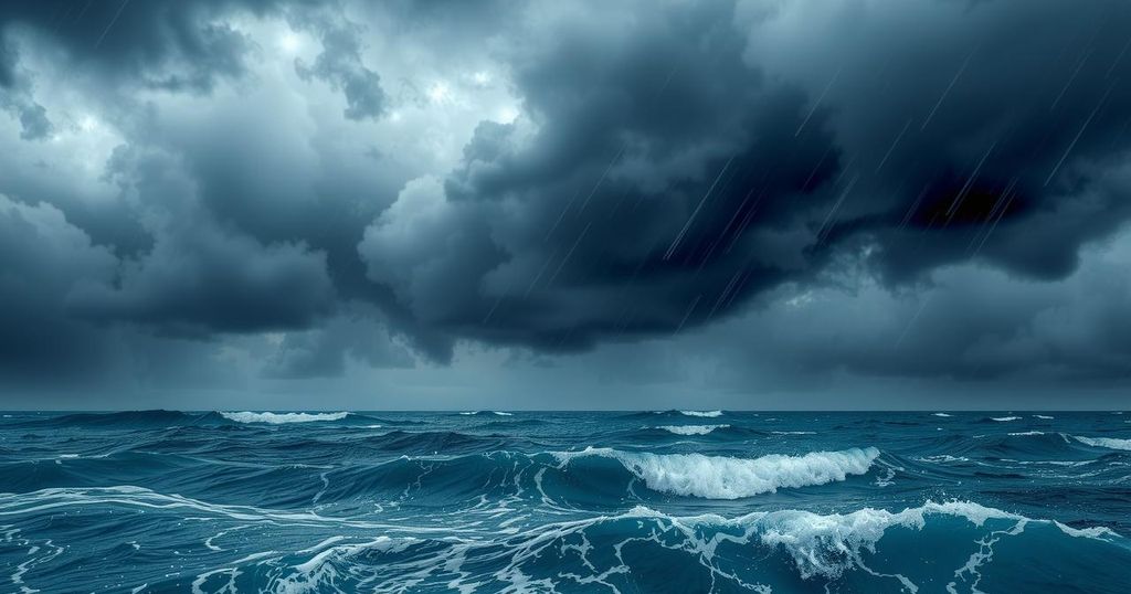 A swirling tropical storm system over water with heavy rain and wind, depicted in dark blues and grays.