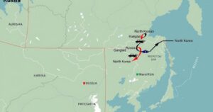 A detailed map illustrating the geographic proximity between Russia and North Korea with strategic symbols.