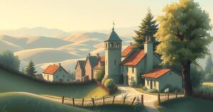 A serene village landscape representing community grief, with soft colors and a peaceful atmosphere.