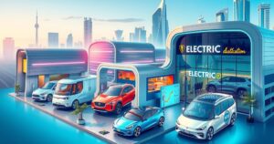 Electric vehicle showrooms in a modern Saudi Arabian city with stylish architecture and vibrant colors.