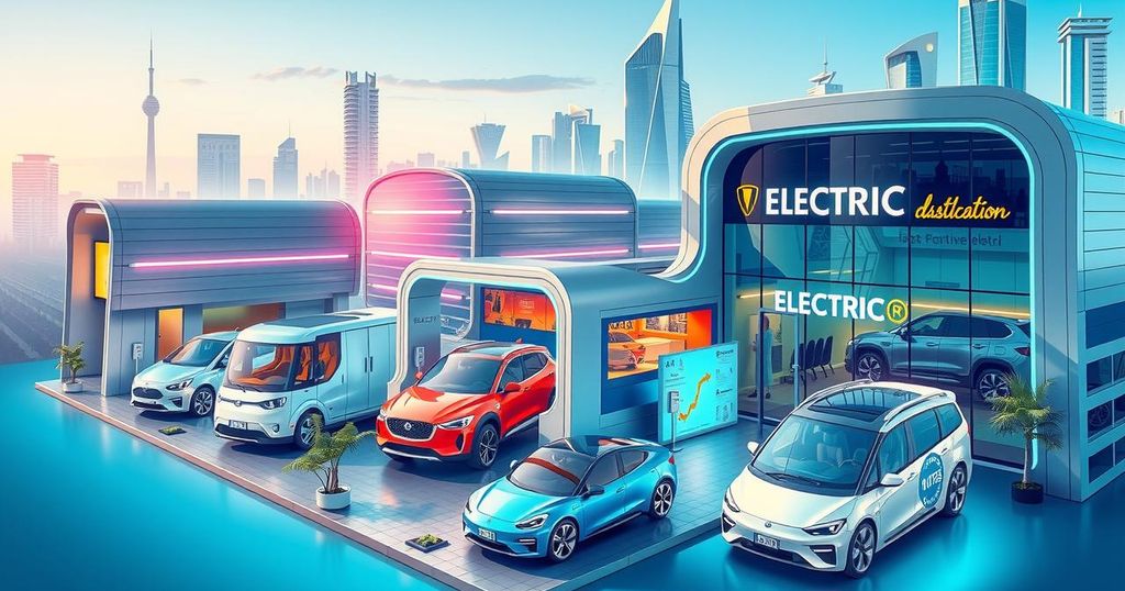 Electric vehicle showrooms in a modern Saudi Arabian city with stylish architecture and vibrant colors.