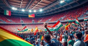 A vibrant scene of a large stadium filled with enthusiastic supporters celebrating unity and leadership.